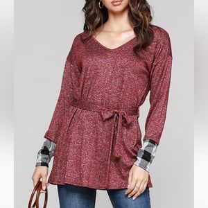 Cool Melon | Wine & White Plaid-Contrast Belted V-Neck Tunic SZ L